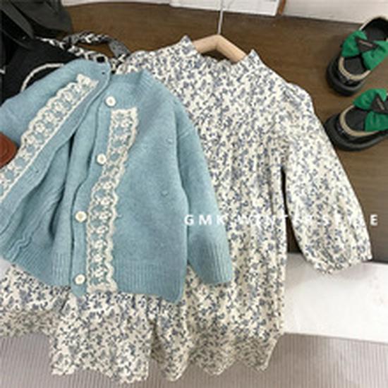 Kids' Korean Mohair Bubble Sleeve Knitted Cardigan & Floral Stand Collar Dress