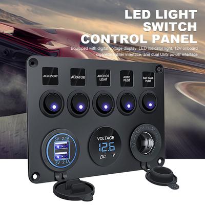 5-Gang 12 V LED-Lichtschalter-Bedienfeld Voltmeter 2 USB-Ladekreissteuerung LED Ein Aus für Wohnmobil, LKW, Boot, ATV, Wohnwagen