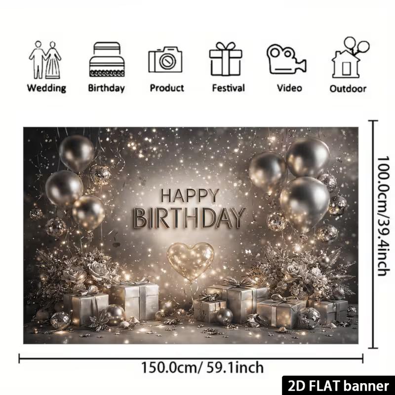 2D Luxury Silver Glitter Happy Birthday Backdrop Banner for Women Birthday Party