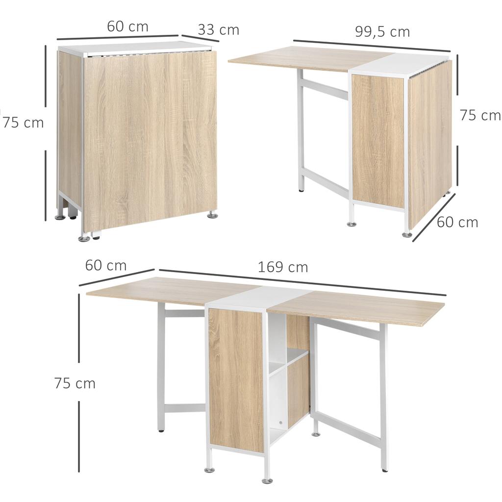 Dining Table, Folding, Drop Leaves, 4 Compartments, Seats 4, 169 x 60 x 75 cm, Oak and White