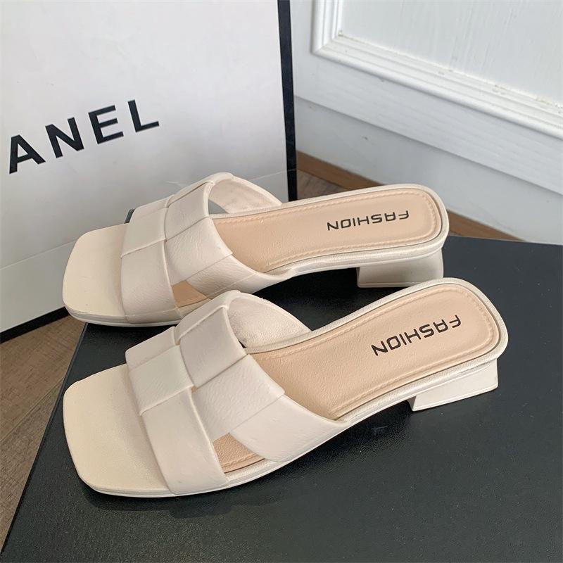 Women's Leather Slide Sandals Square-toe Block Heel Mules with Woven Strap for Summer Casual Wear