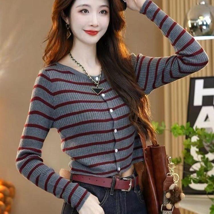 

Женский приталенный полосатый вязаный кардиган-пальто - Осенняя мода, верхняя одежда с длинным рукавом S (80-95 lbs) зелёный