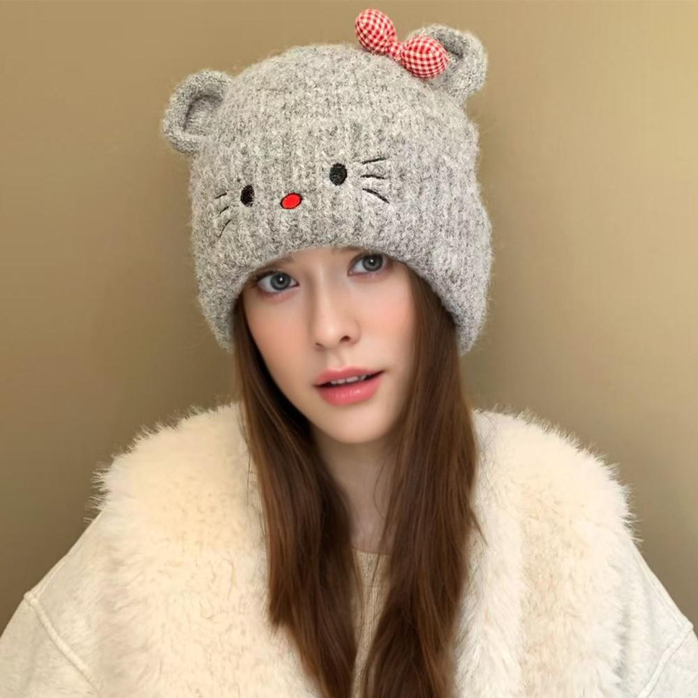 Hot Sale Women Loose Soft Beanie Hat Lovely Cute Cat Ear Bow Design Winter Knitted Hats For Female Streetwear Winter Hat