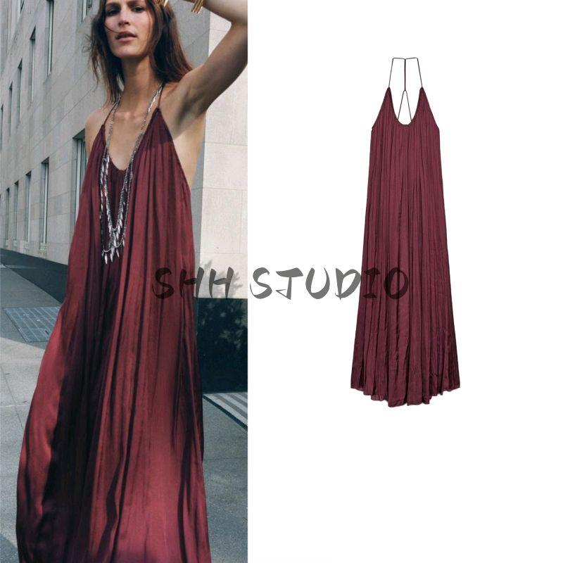 Summer Women clothes Holiday Style round Neck Sleeveless Asymmetric Hem Silk Satin Texture Long Dress 8040019