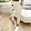 Women Plus Size American Flag Printed Jogger Pants Drawstring Waist Side Pockets Cuffed Ankle