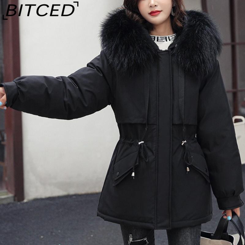 BITCED Women's Mid-Length Drawstring Cotton Coat with Fleece Lining Loose-Fit Puffer Jacket with Down-Fill Cotton Padding Winter Outerwear