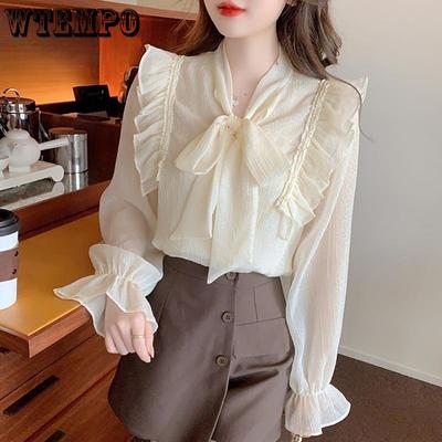 French Bowknot Lace Chiffon Shirt Spring Autumn Women's Shirt Fashion Versatile Ruffle Backing Shirt Top