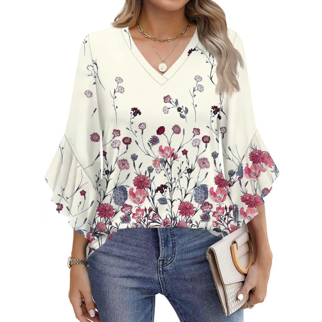 Women's Fashion Casual Seven-minute Sleeve Vintage Floral Print Top V-neck T-shirt Flared Sleeve Shirt