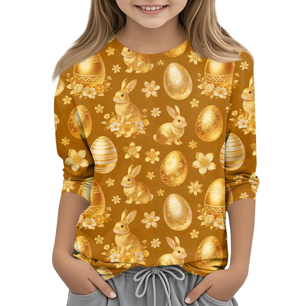 Children's Seven Quarter Sleeve Easter Print Round Neck Print Casual Top
