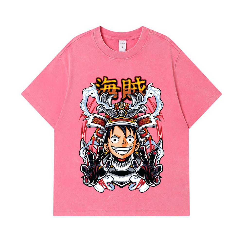 275 GSM Washed T-shirts 100% Cotton One Piece V70 Luffy Samurai Print Unisex Heavy Cotton T Shirt