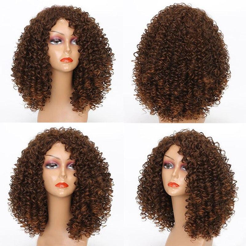 LISI HAIR Women's Short Afro Kinky Curly Wigs With Bangs Ombre Brown Synthetic Wig Black Daily Party Headgear with Clips