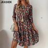 Women's Fashion Summer Spring Flower Pattern Print 3/4 Sleeves O-Neck High Waist Casual Dresses