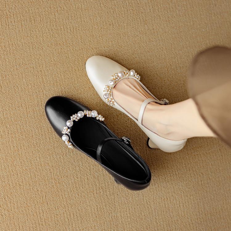 Great Good To Wear French Light Mouth Single Shoes Women's Spring and Autumn Pearl Round Head High Heels Thick Heel Leather Beige Mary Jane Shoes