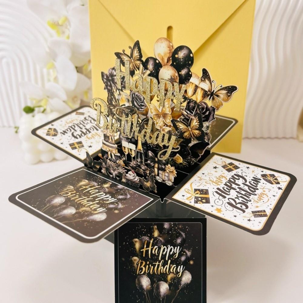 With Envelope 3D Birthday Card Cartoon Flowers Theme Pop-Up Birthday Card Butterfly Design Message Card Invitation Card