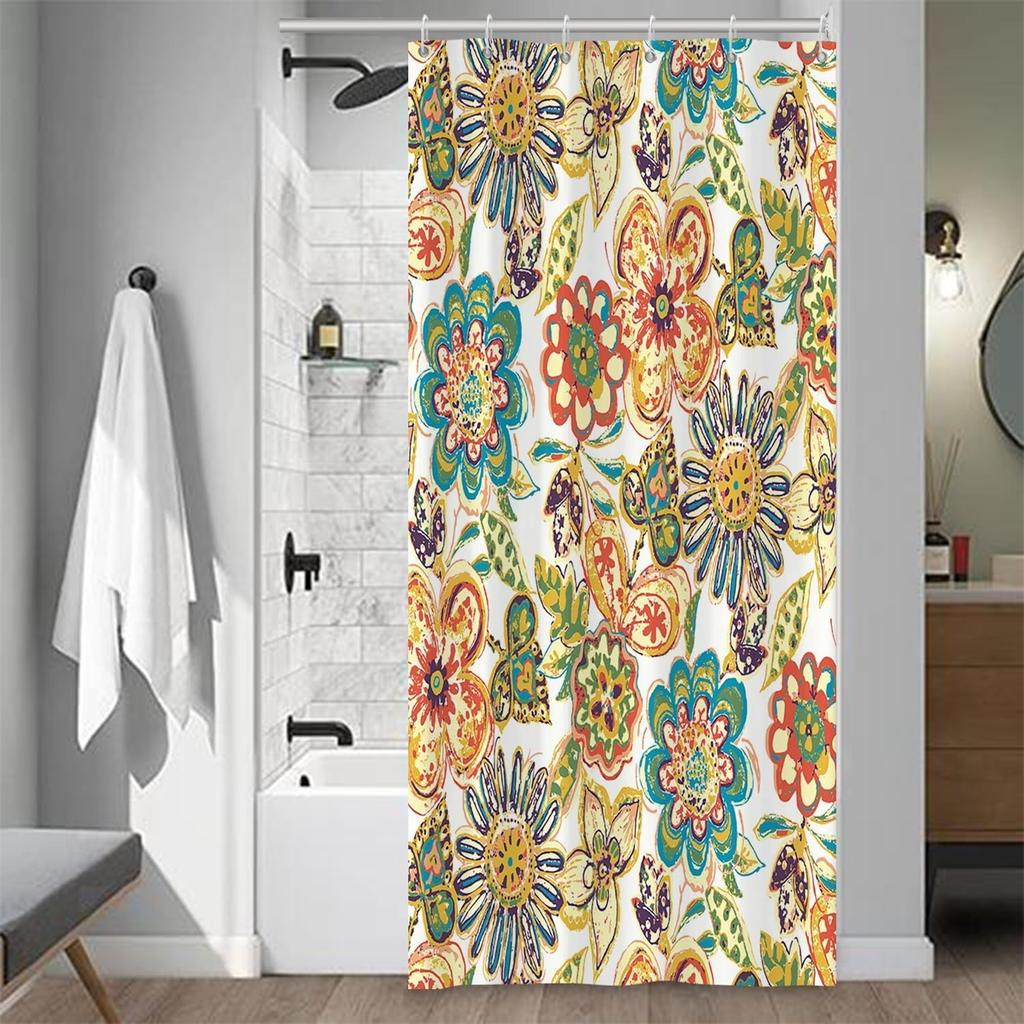 Boho Floral Bathroom Shower Curtain - Tropical Green Leaves, Pink Flowers - Waterproof Polyester Fabric - Mid Century Modern
