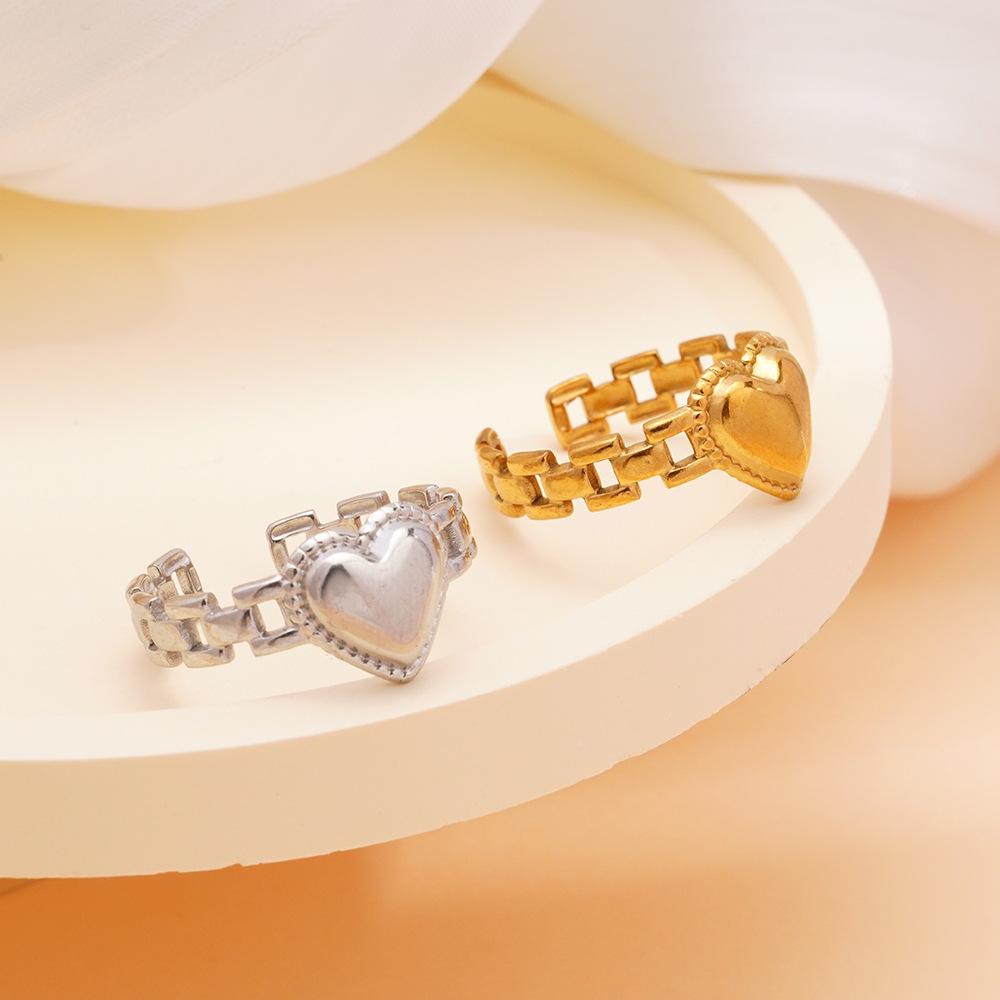 Simple High-Grade Pleated Heart & Leaf Stainless Steel Open Ring