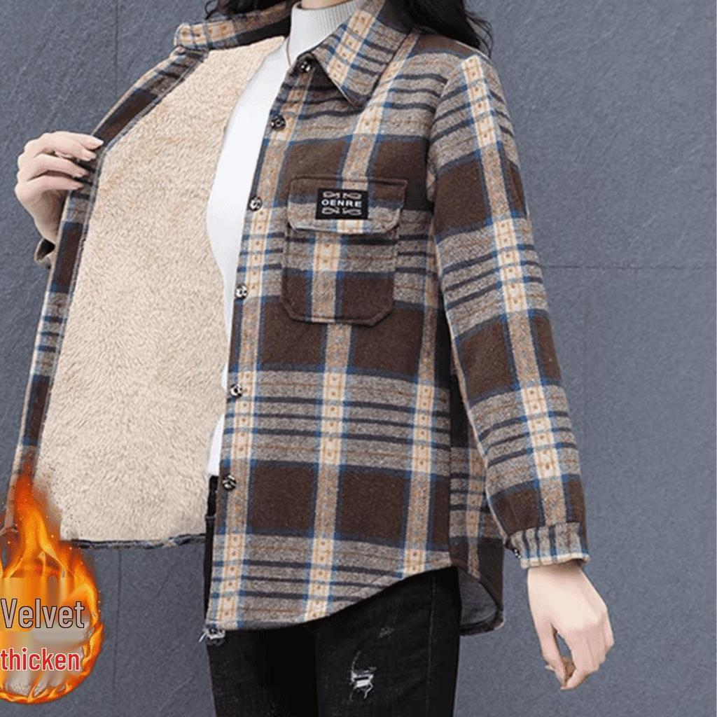Fleece-Lined Plaid Mid-Length Wool Shirt for Women - Plus Size, Long-Sleeve Casual Outerwear