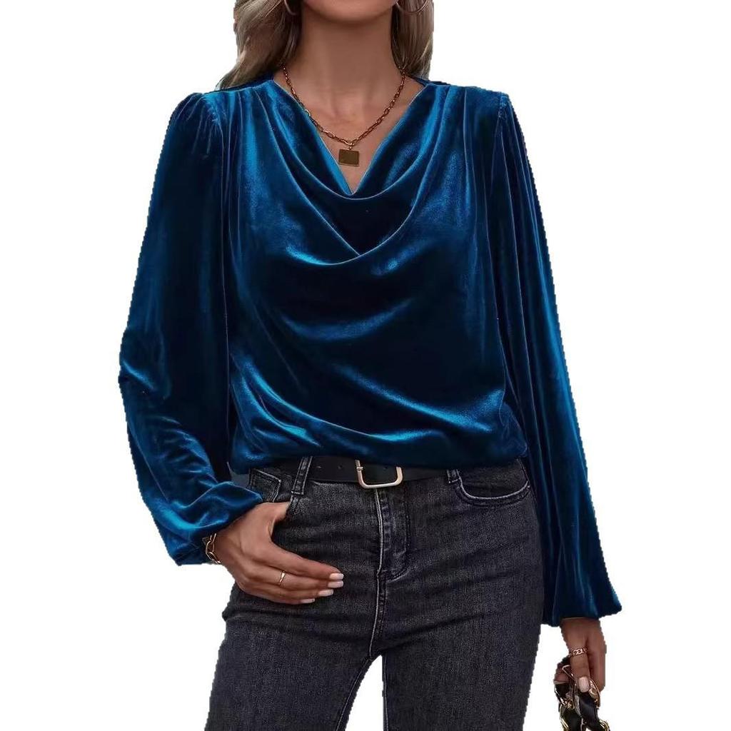 Autumn/Winter Women's Golden Velvet High Neck Puff Sleeve Top