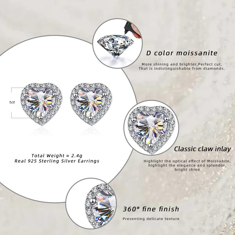 Bague Ringen D Farbe Herzschliff 0,5 Oder 1 Oder 2 Karat Moissanit Ohrring S925 Sterlingsilber Pt950 Platinplattierte Ohrringe für Damen Schmuck