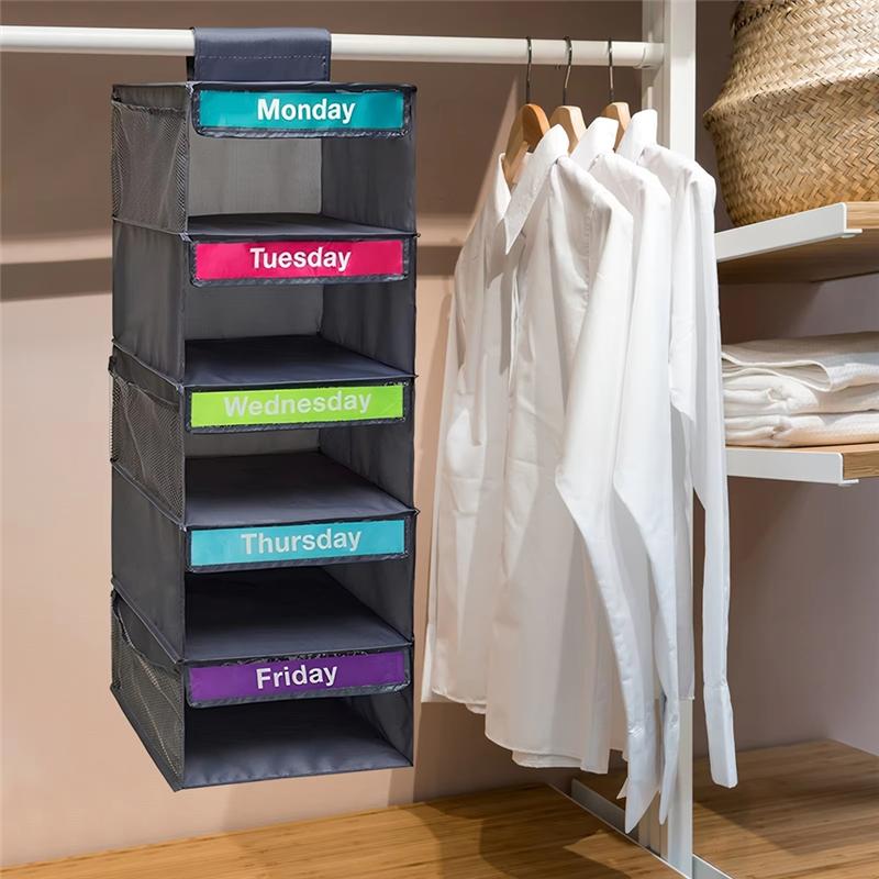 Good-Weekly Clothes Organizer With 5-Shelf Design 5 Side Pockets Hanging Closet Storage Shelves With Day Labels D