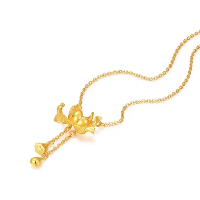 Elegant Gold-Plated Copper Lotus Necklace with Dual Lotus Seed Pendant for Women