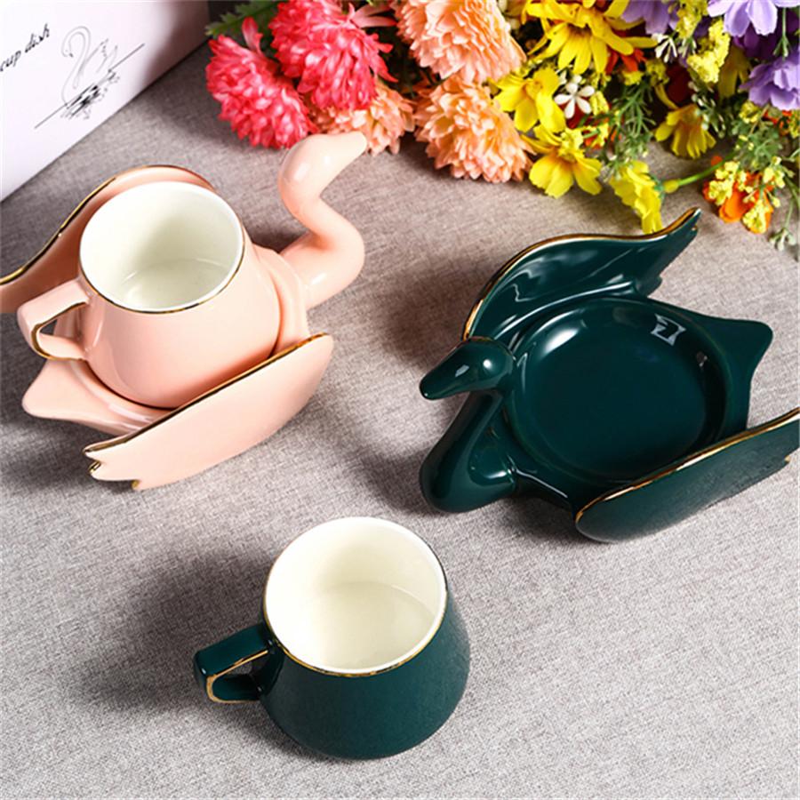 1PC Swan shaped coffee cup and plate set, ceramic small mug, 110ml/3.7oz creative cup rosa