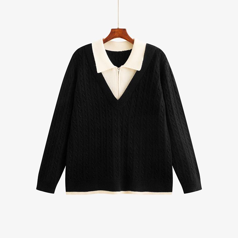 

Plus Size Faux Two-Piece Polo Neck Sweater for Women - 2025 Winter Collection, College Style Knitwear for Chubby Girls. XL (60-80 kg) чёрный