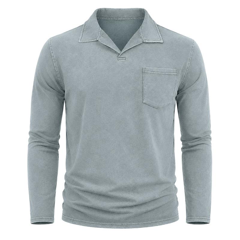 Vintage Washed Cotton Long Sleeve Polo Shirts Men Casual Solid Color Turn-Down Collar Tops Autumn Winter Streetwear Loose Pullover Polos