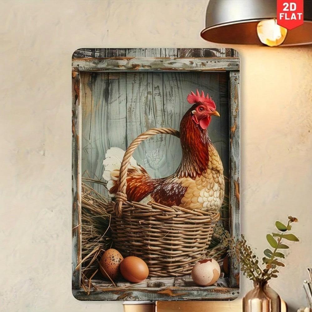 Metal Chicken Egg Farmhouse Tin Sign Vintage Wall Art Rustic Kitchen Decor Country Living Retro Plaque