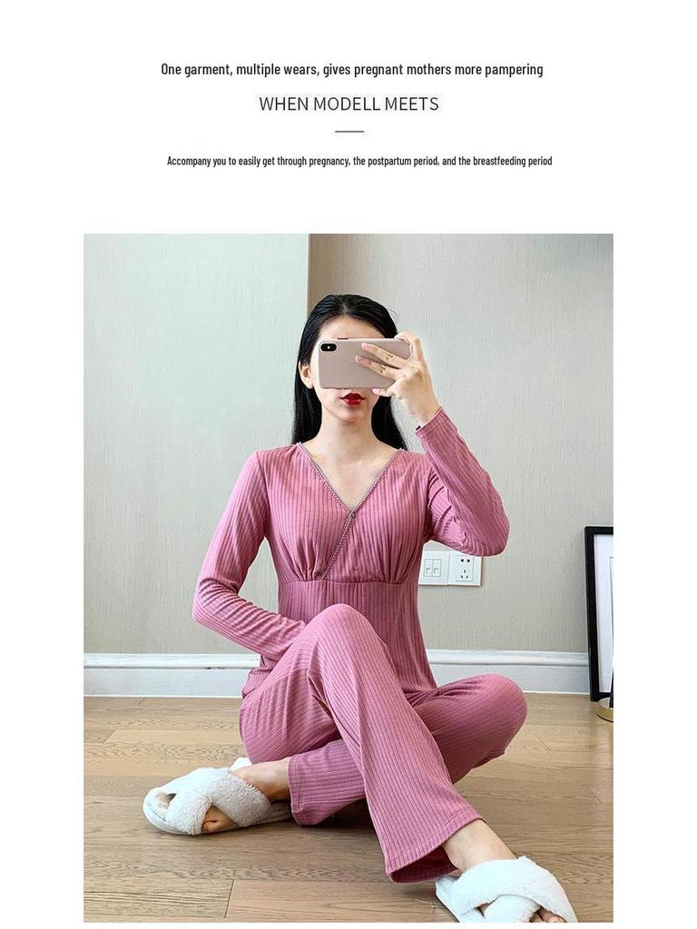 Summer Thin Modal Nursing Pajamas: Long Sleeve Set for Pregnant & Postpartum Women