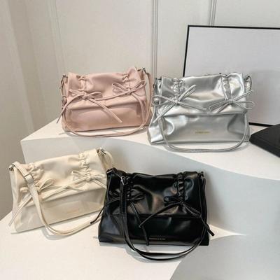 Pleated Y2K Bow Underarm Bag Sweet Solid Tote Bag Ins PU Leather Shoulder Bag  Travel