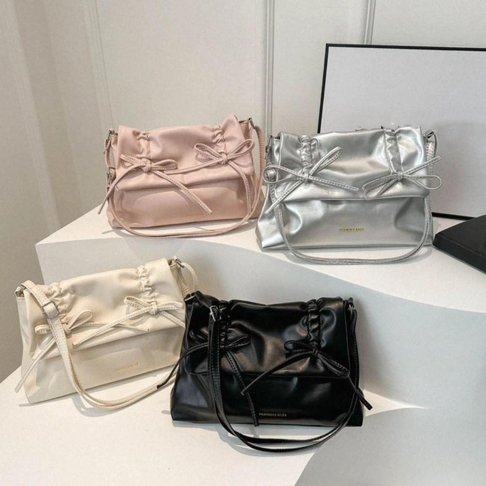 Fashion Sweet PU Leather Shoulder Bag Large Capacity Pleated Y2K Bow Underarm bag French Style Handbag Solid Tote Bag Women