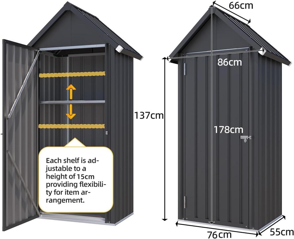 YODOLLA Garden Shed with Base and Lockable Lock, Galvanised Steel, 86 x 55 x 178 cm, Dark Gray