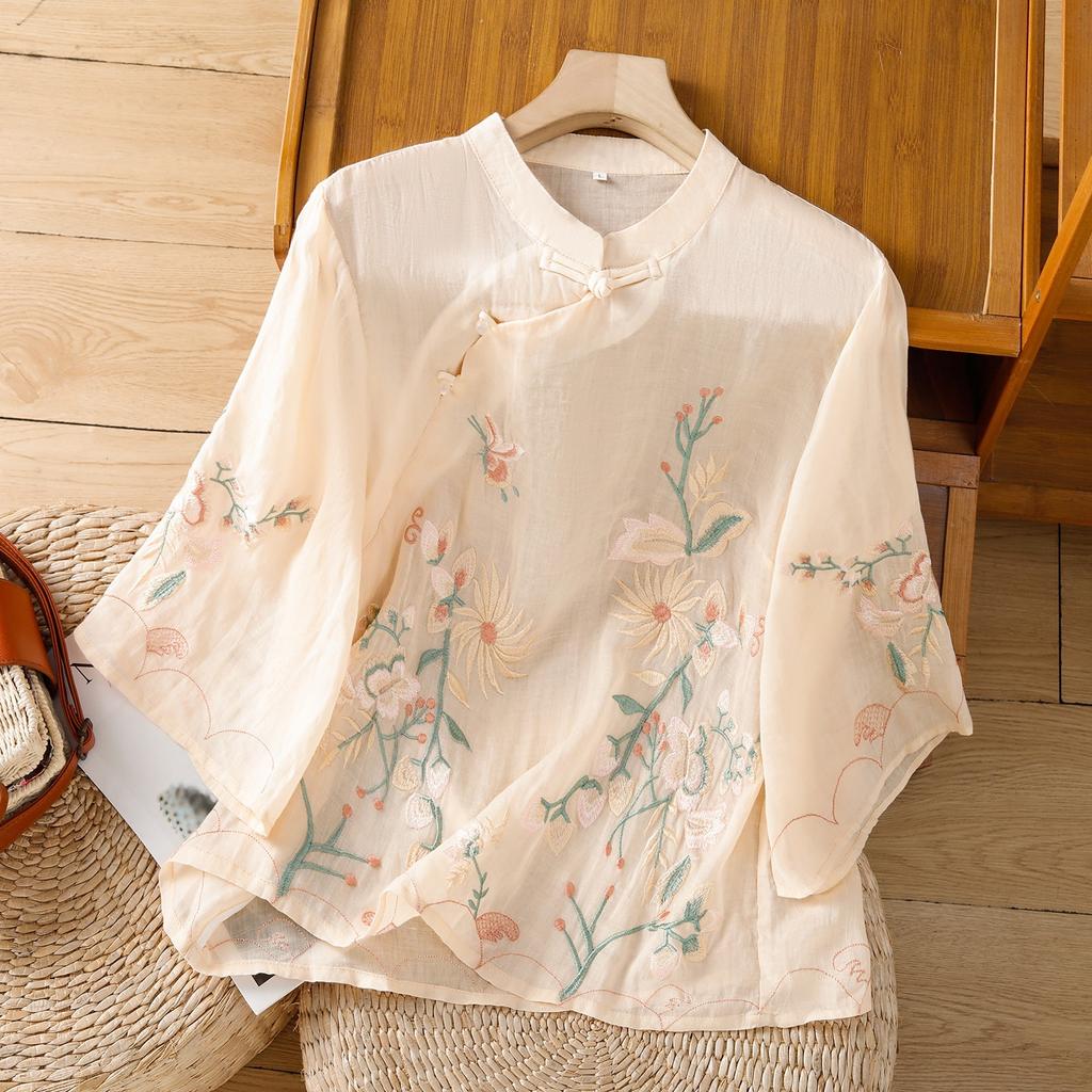 Retro embroidered cotton and linen shirt women's summer new stand-up collar diagonal placket buckle temperament top