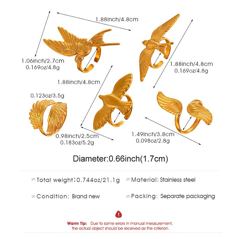 Minimalist 18K Gold Color Plated Angel Wings Peace Dove Wings Open Rings Trendy Waterproof Stainless Steel Jewelry