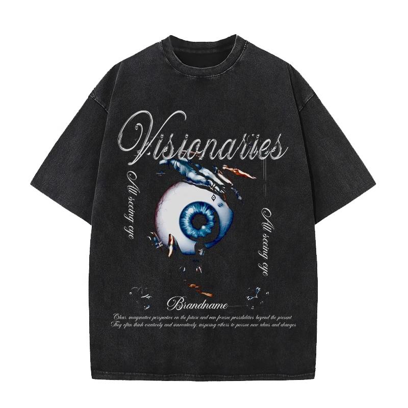 Vintage Washed Cotton T Shirt Monster Mouth Eyes Graphic Print Streetwear Loose Mens Womens Oversized Short Sleeve Tops