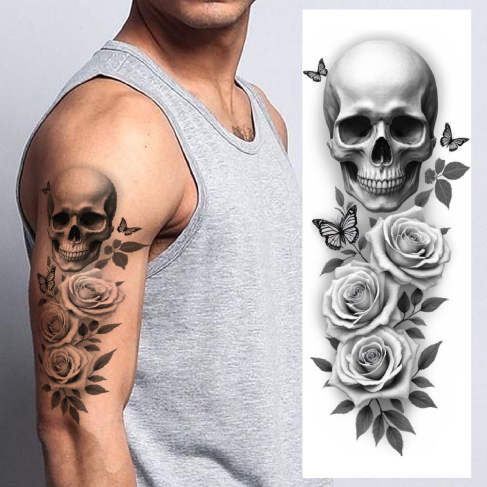 3 Stück Temporäre Tattoos Realistische Temporäre Tattoos Verzierter Totenkopf Totenkopf Tattoo Kapuzen-Skelett Für Erwachsene Männer Oberschenkel