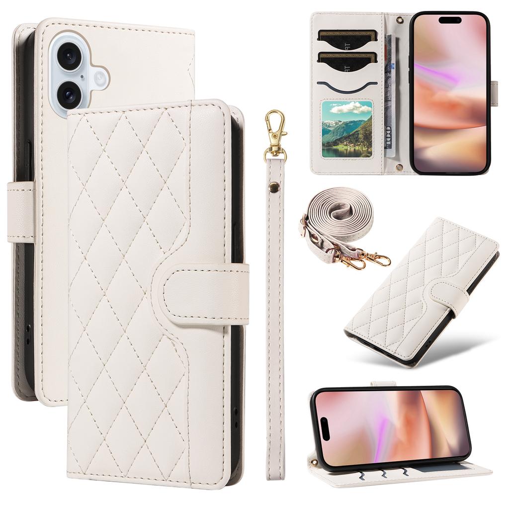 For iPhone 16 Case Wallet Quilted Leather Phone Cover with Shoulder Strap,Wrist Strap
