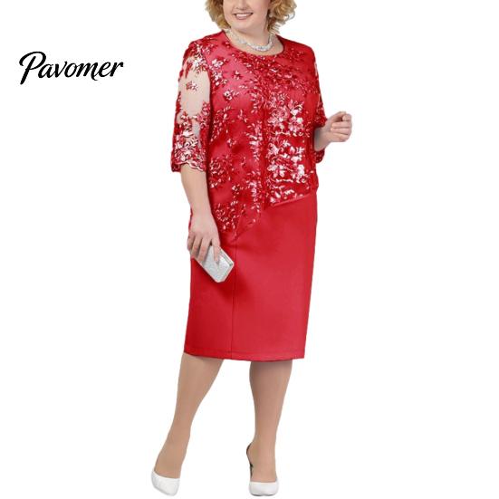 Plus Size Party Sheer Half Sleeve Floral Lace Layered Mother of Bride Midi Dress