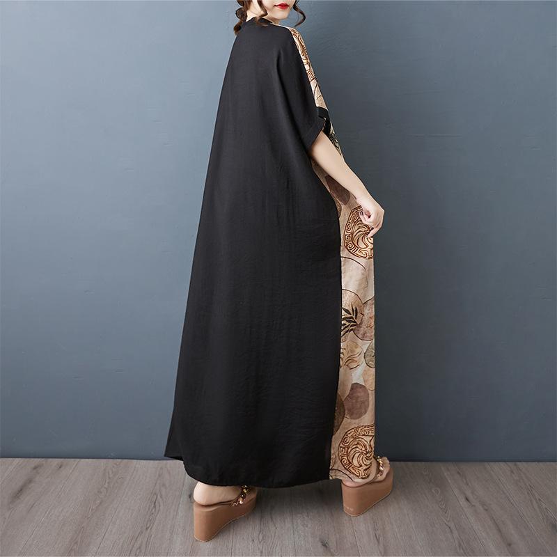 A Summer Thin Cotton and Linen Dress with A V-neck Short Sleeves and Contrasting Color Patchwork for A Slimming Look