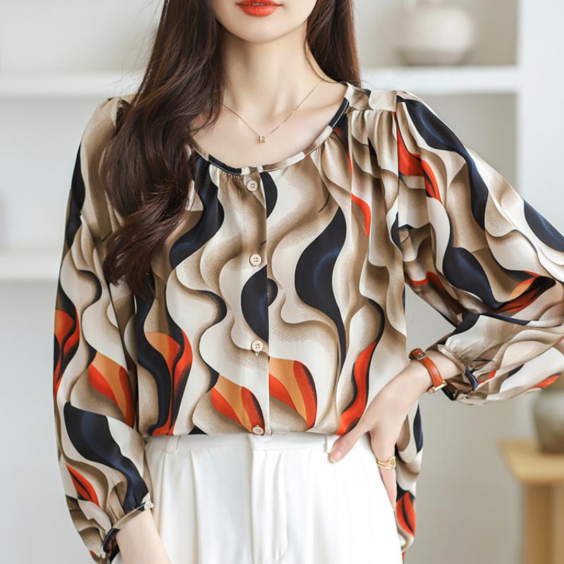 

Ретро с длинным рукавом принтованные повседневные шифоновые рубашки женские весенние модные элегантные свободные женские блузки однобортные простые с круглым вырезом женская рубашка 26330 3XL