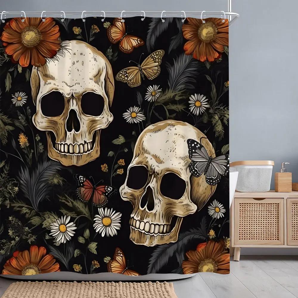 

Halloween Skulls Roses Shower Curtain Horror Skulls Crows Red Flowers Polyester Fabric Shower Curtains Bathroom Decor With Hoo 90x180cm