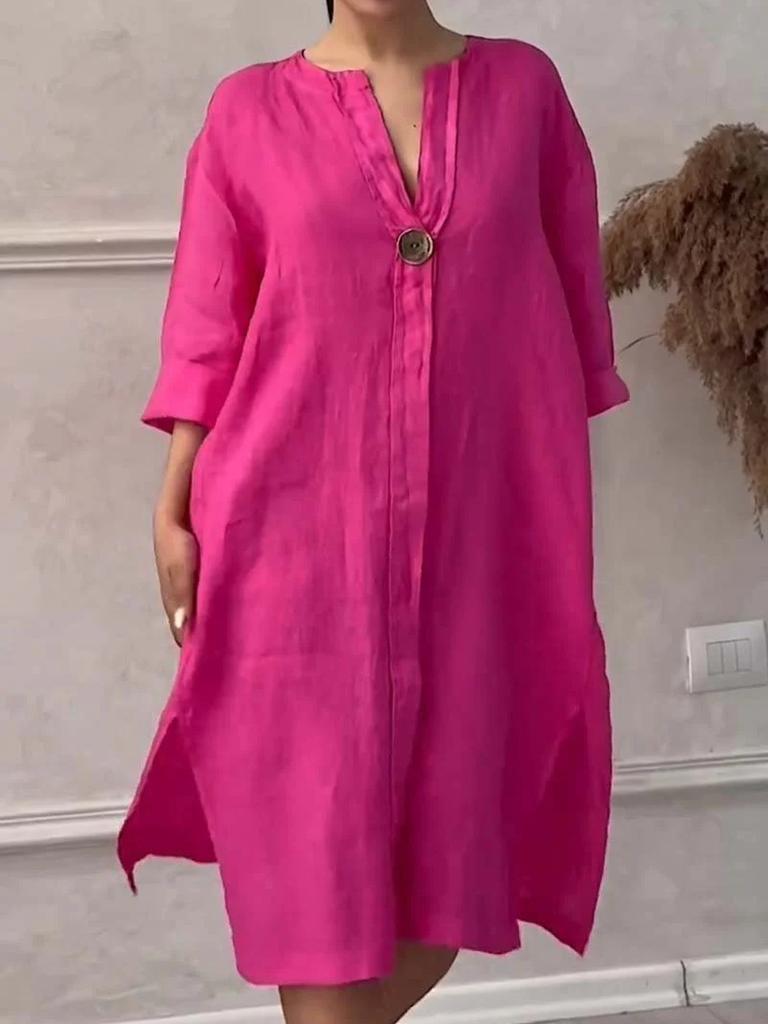 Women's New Cotton Linen Solid Color Casual Round Neck Button Long Dress