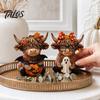 Country Home Ornament 2PCS Highland Cow Ornament, Wooden Rustic Style Figurine, Thanksgiving Figurines Theme Wood Art, for Entrance Living Room Decor
