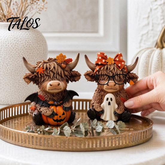 Country Home Ornament 2PCS Highland Cow Ornament, Wooden Rustic Style Figurine, Thanksgiving Figurines Theme Wood Art, for Entrance Living Room Decor
