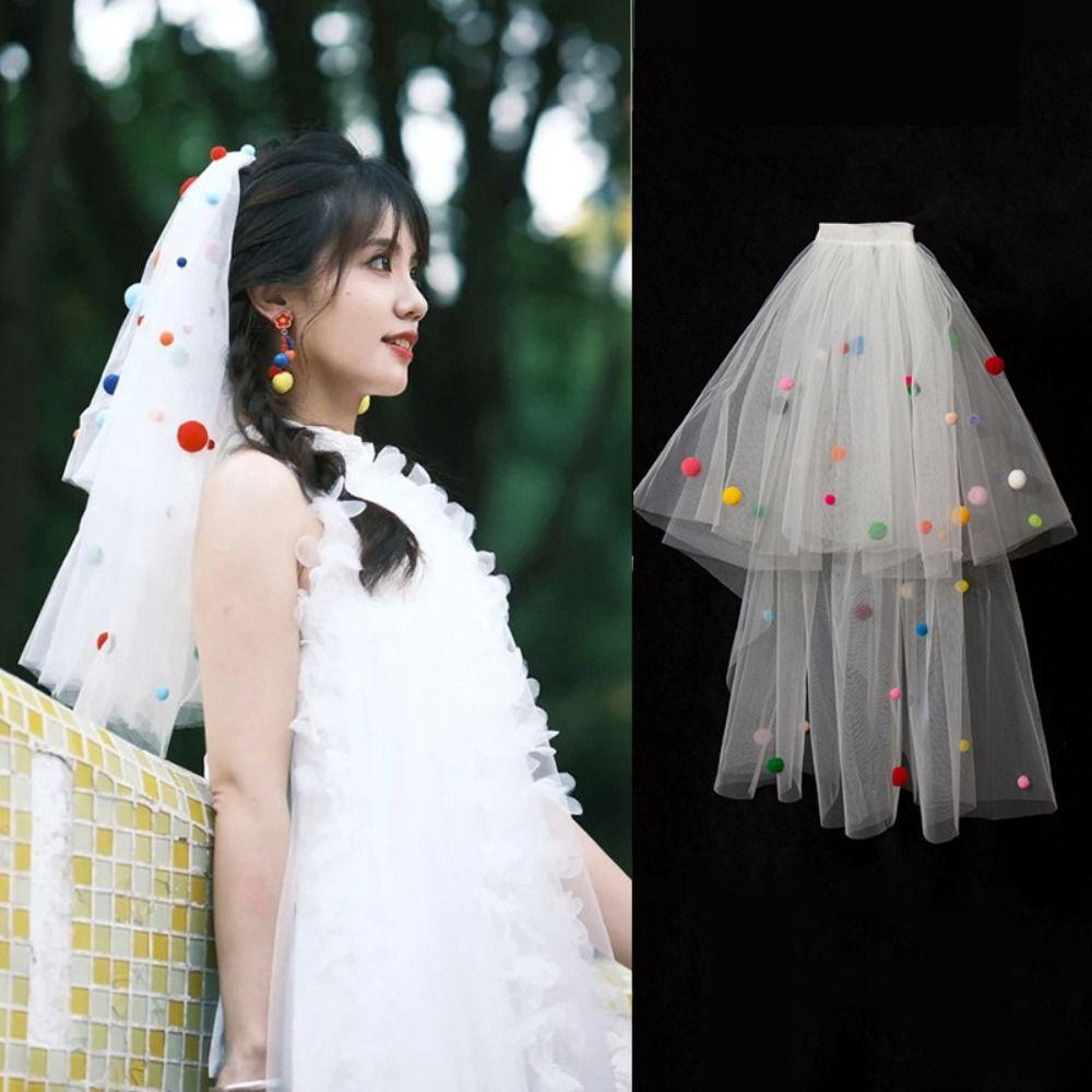 Photo Props Pompom Mesh Tulle Colorful White Veil Wedding Veils Bridal Veils Headdress Accessories