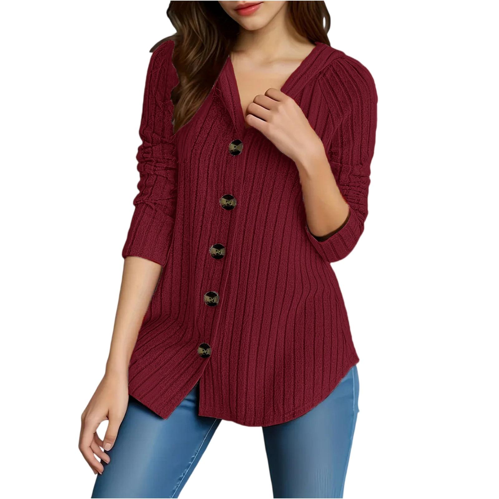 

Women s Fashion Solid Color Hooded Long Sleeve Button Casual Top XL
