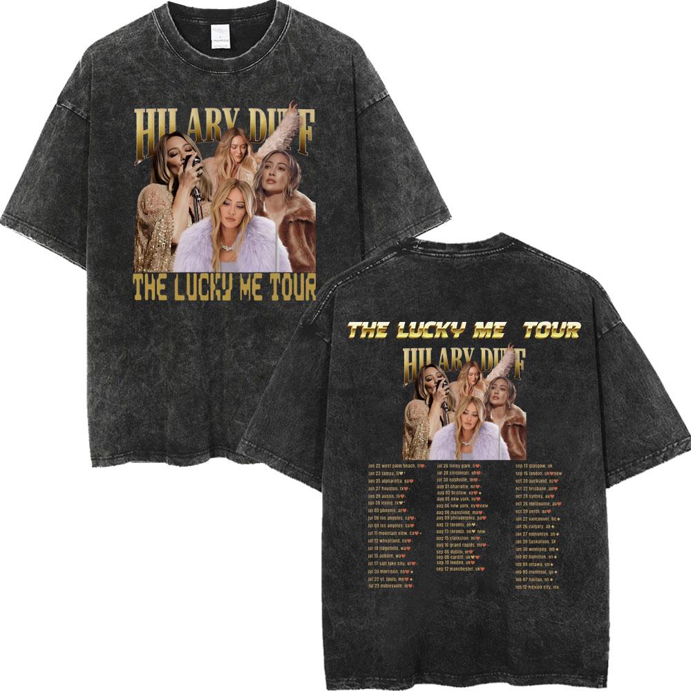 Hilary Duff The Lucky Me Tour Vintage Washed Tshirt Fashion Aesthetic Short Sleeve Tshirts Men Women Casual Loose T Shirt