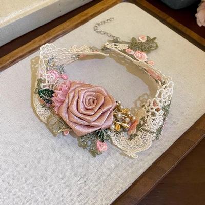 French Style Rose Choker Necklace Textured Sweet Fabric Choker Lace Flower Choker  Take Photo