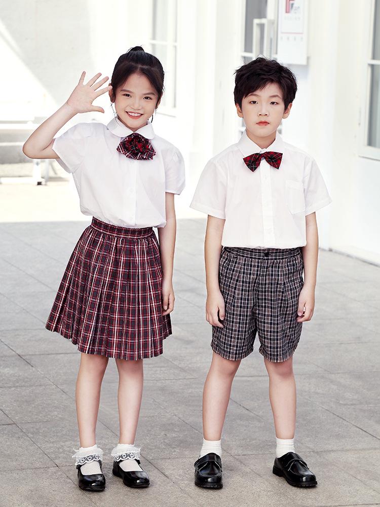 Shenzhen School Uniform Summer Set for Primary Boys & Girls: Short-Sleeved Shirt, Plaid Pants, Skirt, Short Skirt, and Bow Tie